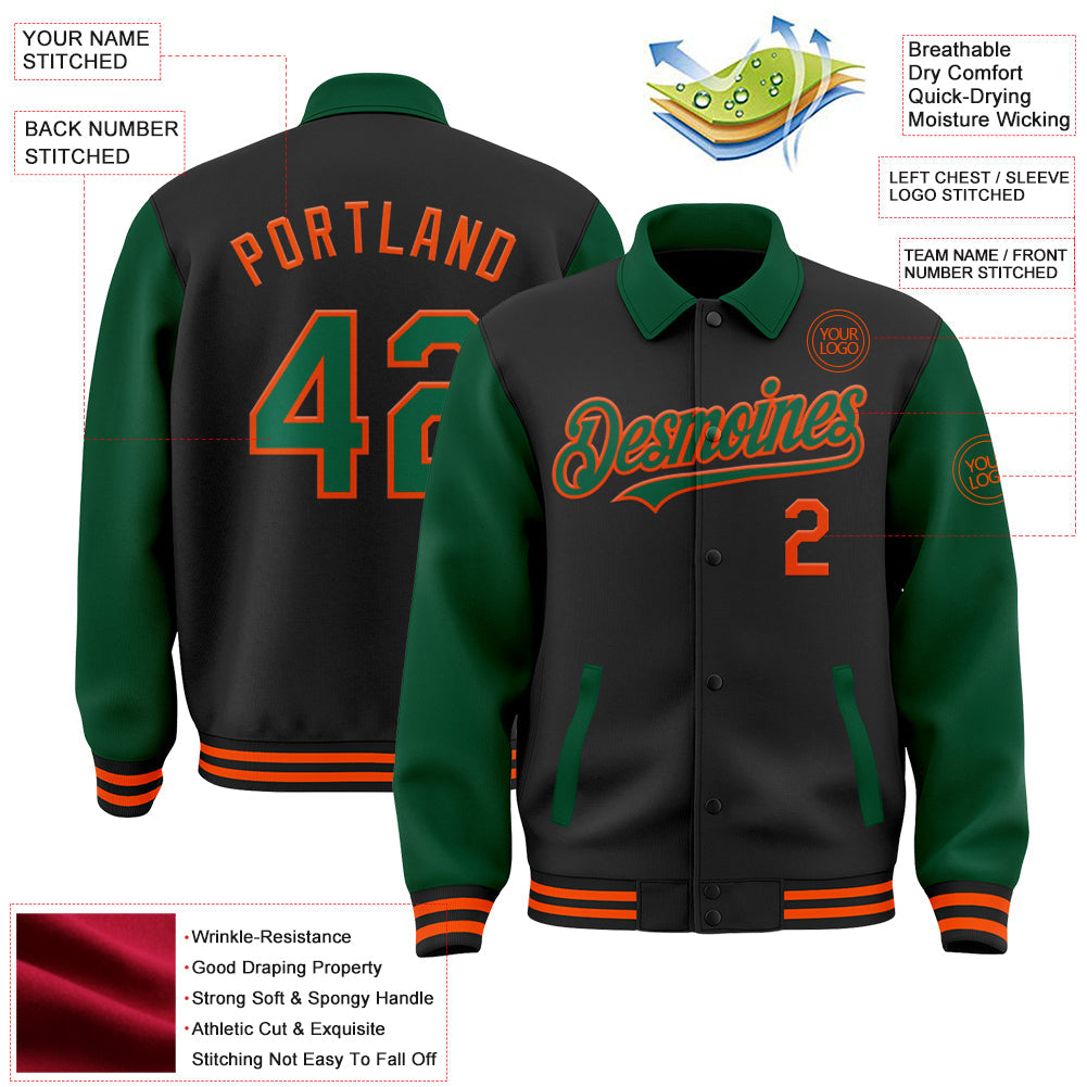 Custom Black Kelly Green-Orange Bomber Full-Snap Varsity Letterman Two Tone Lapel Collar Byron Jacket view 3