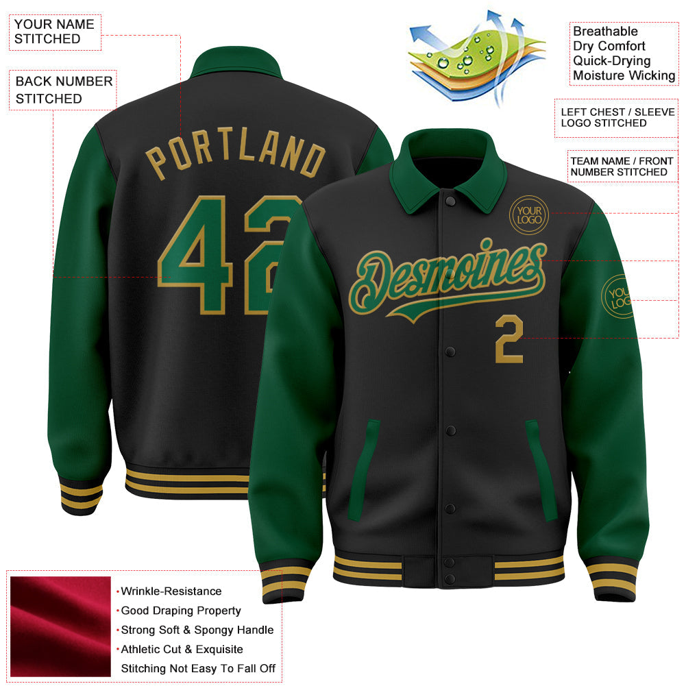 Custom Black Kelly Green-Old Gold Bomber Full-Snap Varsity Letterman Two Tone Lapel Collar Byron Jacket view 3