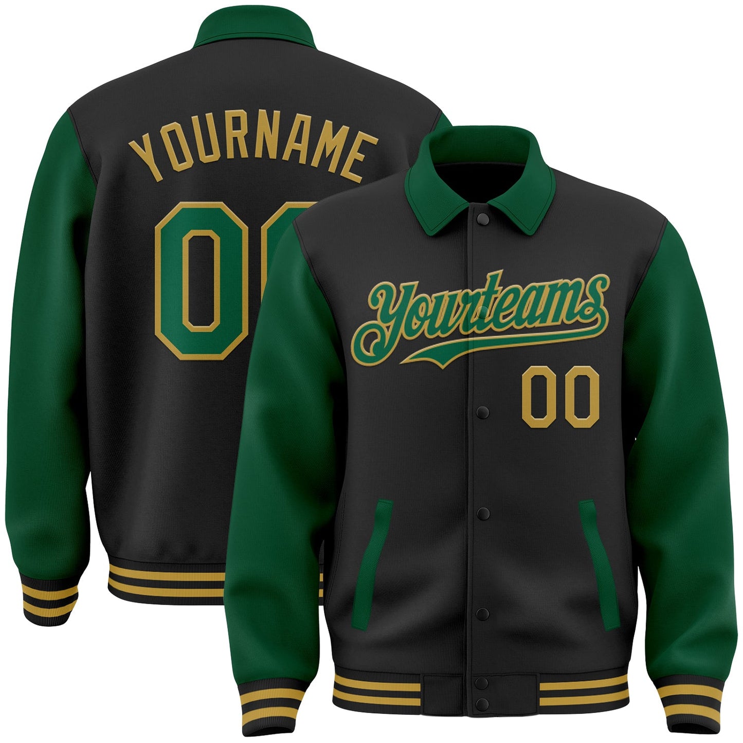 Custom Black Kelly Green-Old Gold Bomber Full-Snap Varsity Letterman Two Tone Lapel Collar Byron Jacket - Main View