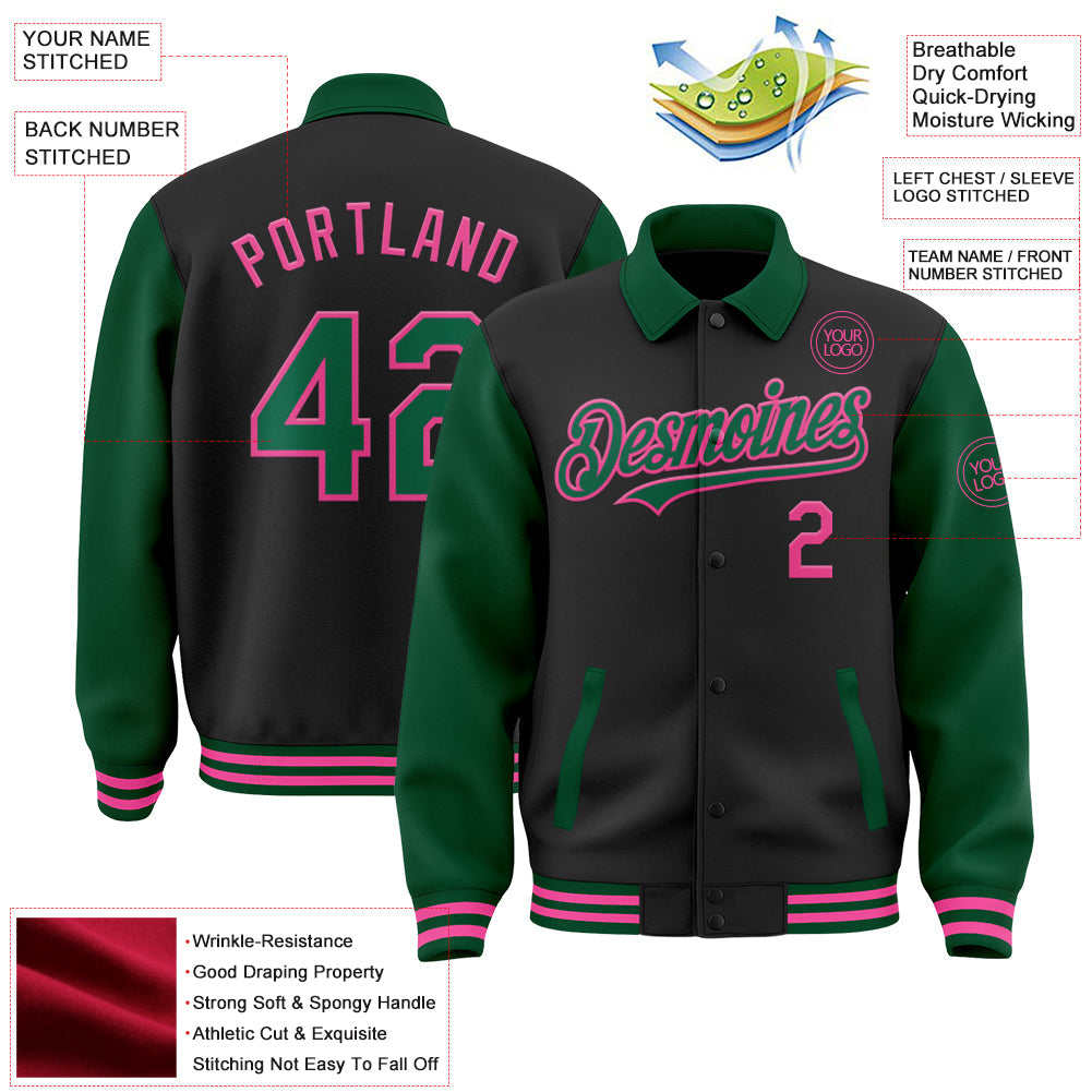Custom Black Kelly Green-Pink Bomber Full-Snap Varsity Letterman Two Tone Lapel Collar Byron Jacket view 3