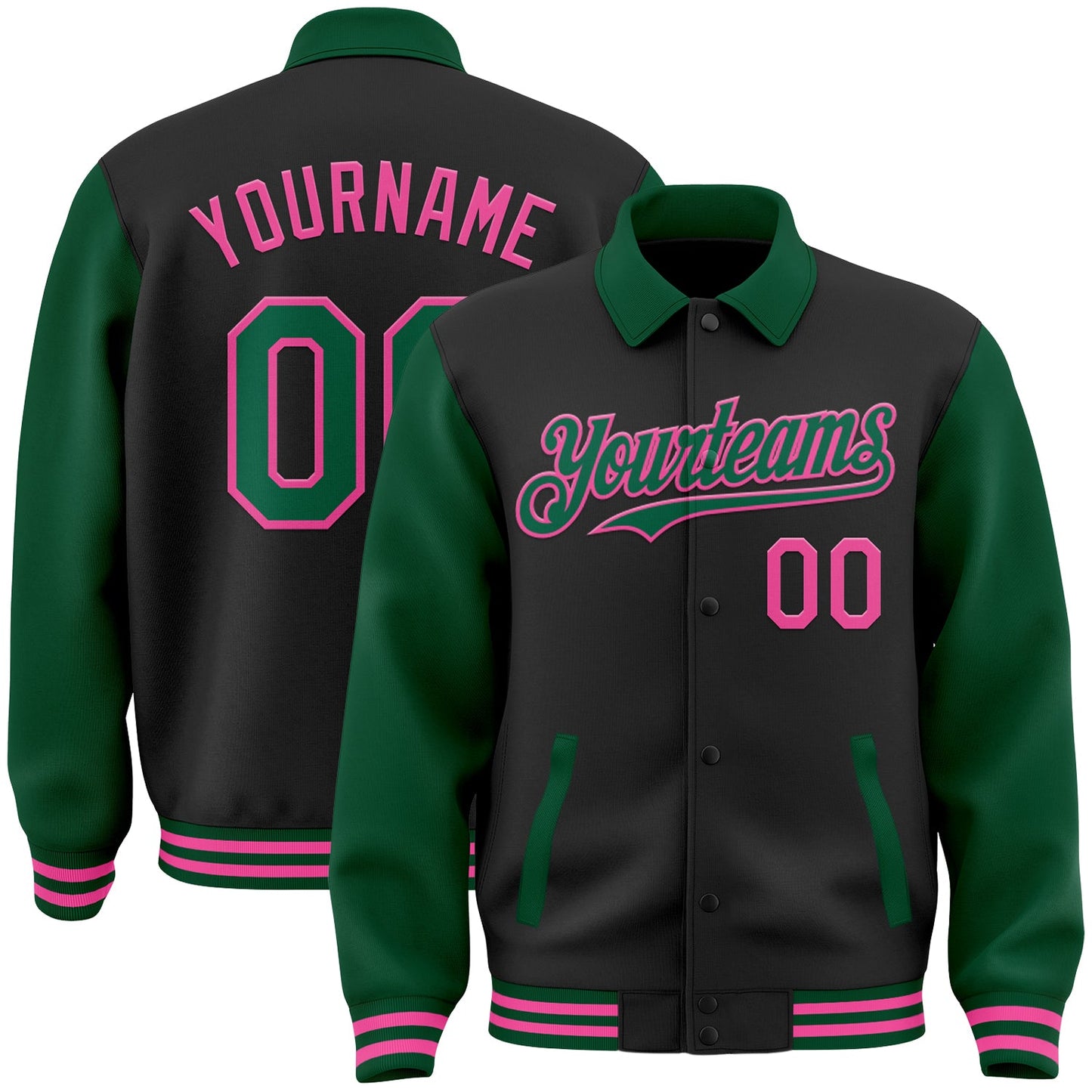 Custom Black Kelly Green-Pink Bomber Full-Snap Varsity Letterman Two Tone Lapel Collar Byron Jacket - Main View
