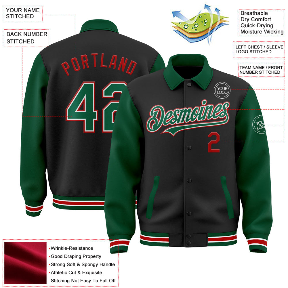 Custom Black Kelly Green-Red Bomber Full-Snap Varsity Letterman Two Tone Lapel Collar Byron Jacket view 3