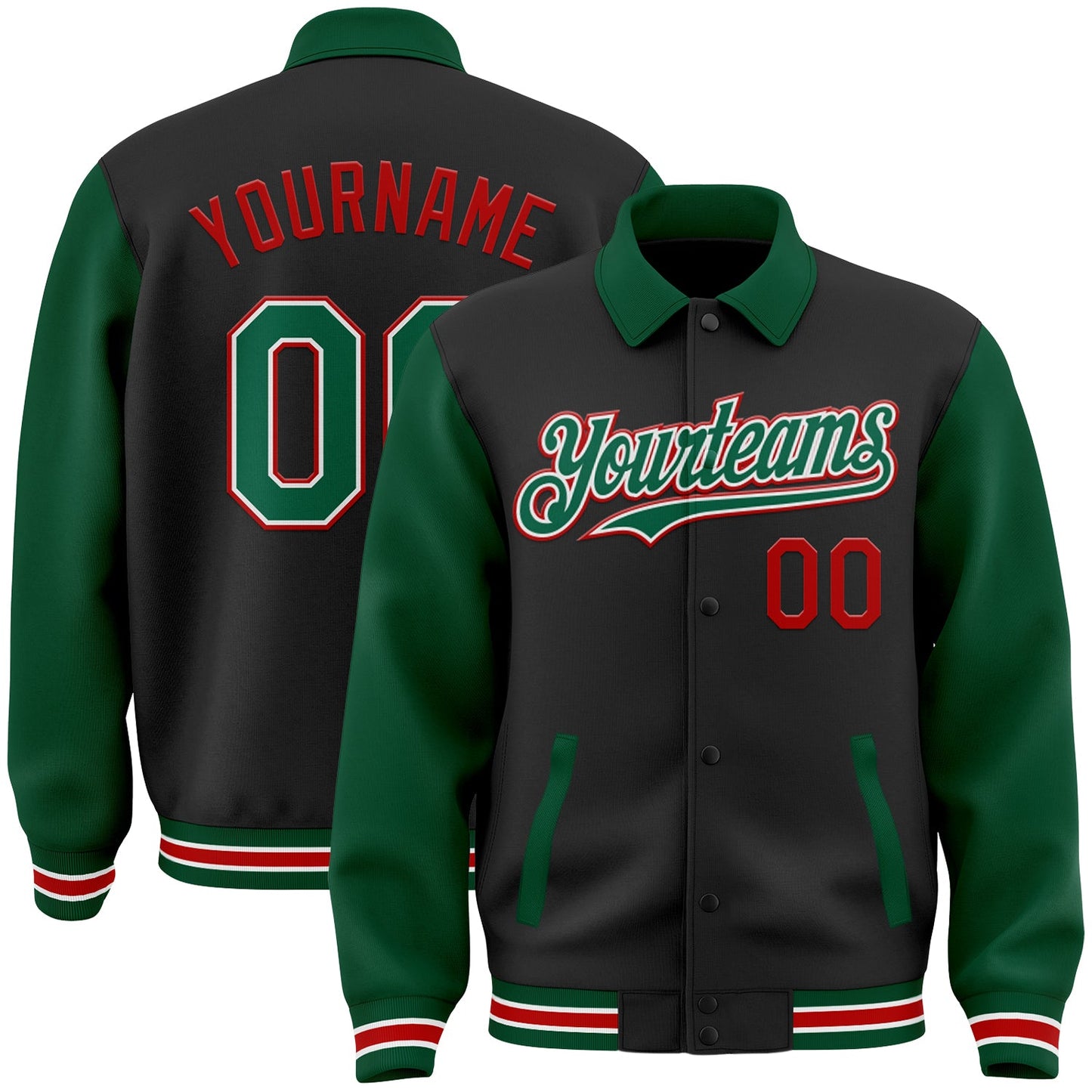 Custom Black Kelly Green-Red Bomber Full-Snap Varsity Letterman Two Tone Lapel Collar Byron Jacket - Main View
