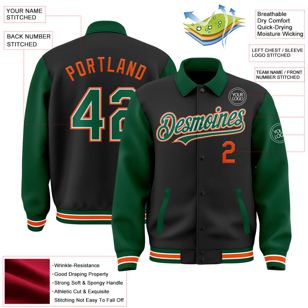 Custom Black Kelly Green-Orange Bomber Full-Snap Varsity Letterman Two Tone Lapel Collar Byron Jacket view 3