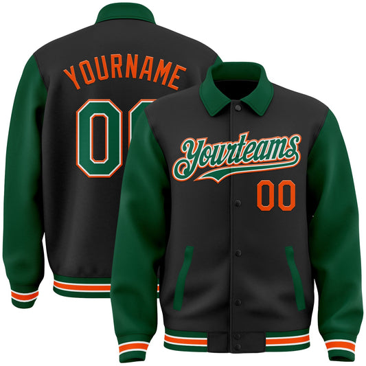 Custom Black Kelly Green-Orange Bomber Full-Snap Varsity Letterman Two Tone Lapel Collar Byron Jacket - Main View
