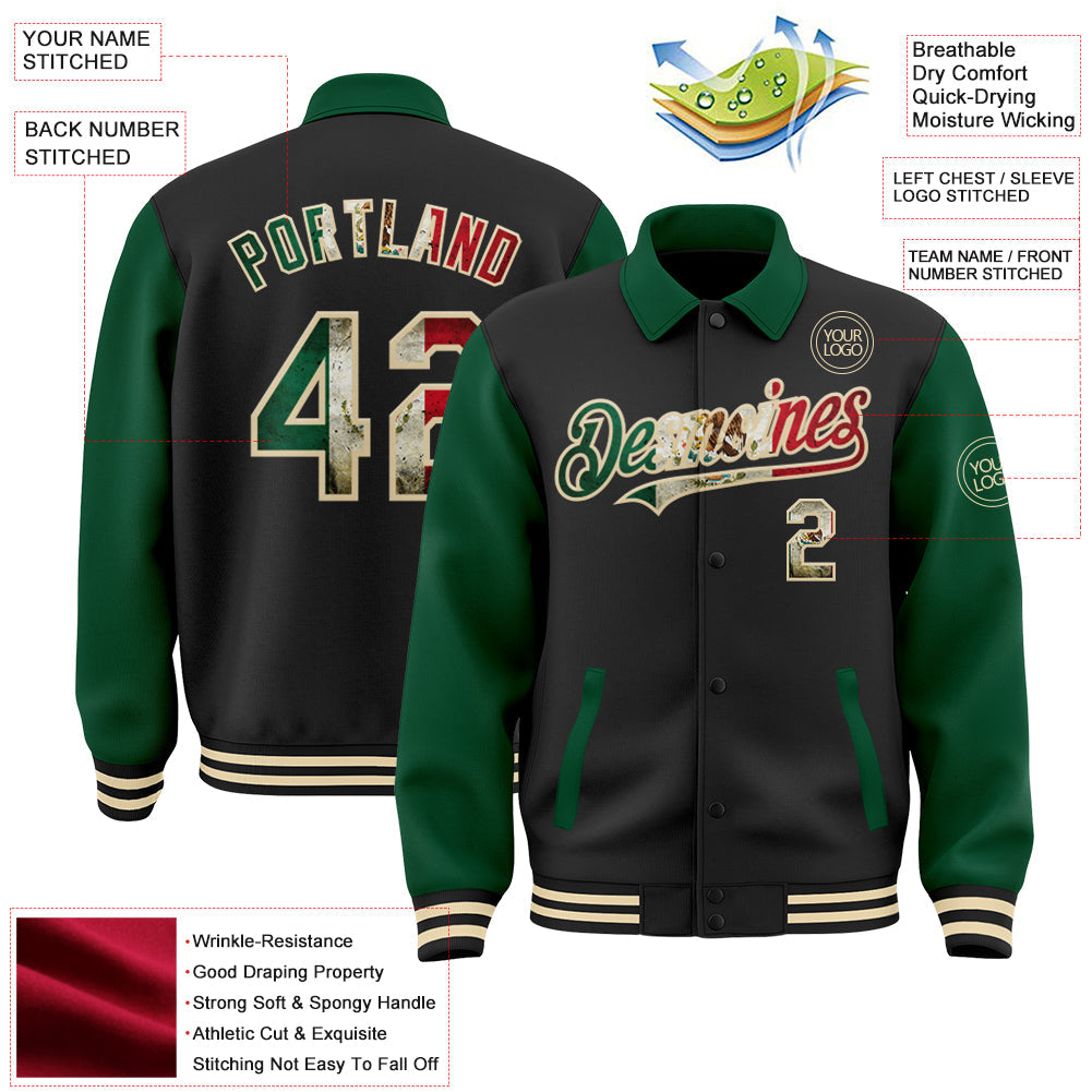 Custom Black Vintage Mexican Flag Kelly Green-Cream Bomber Full-Snap Varsity Letterman Two Tone Lapel Collar Byron Jacket view 3
