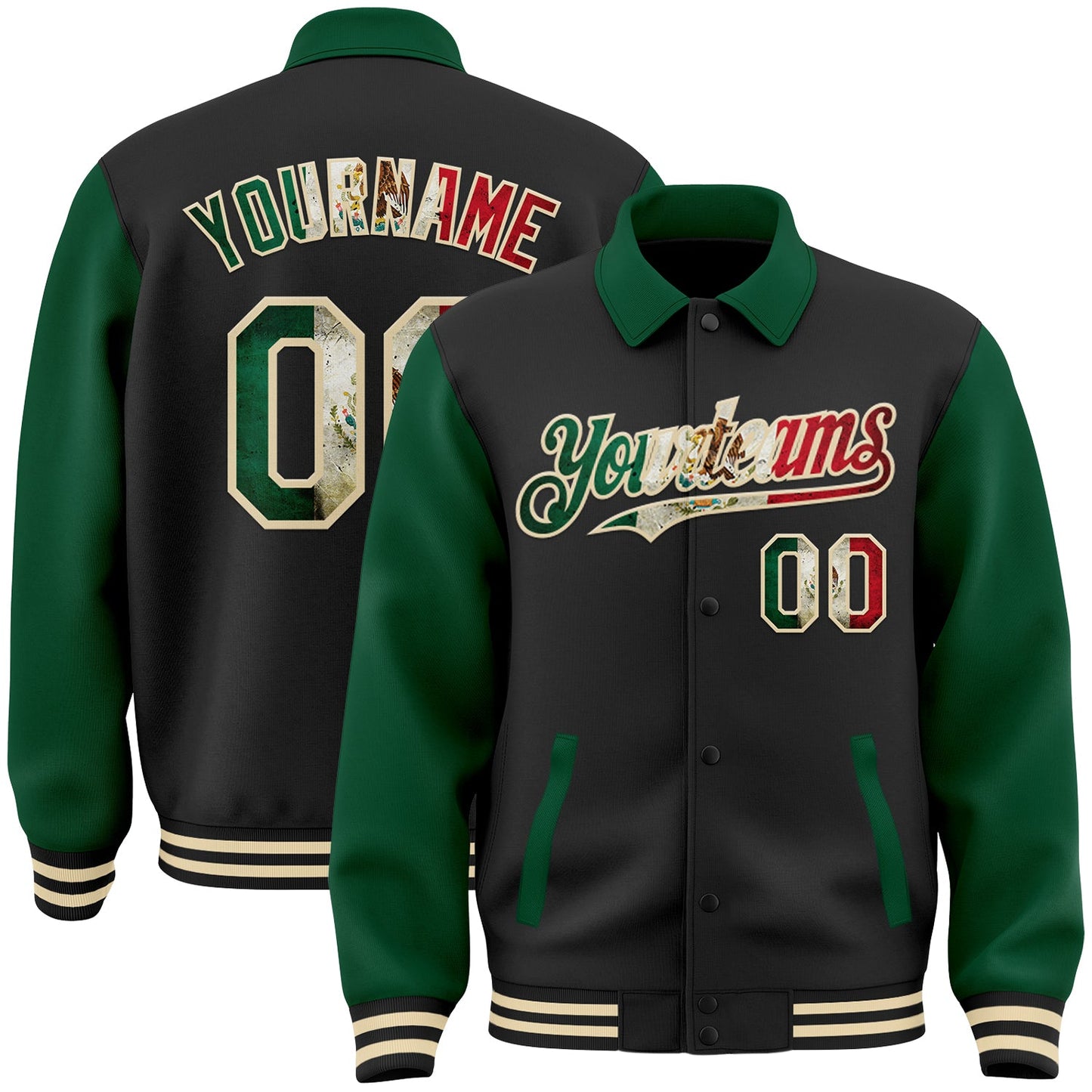 Custom Black Vintage Mexican Flag Kelly Green-Cream Bomber Full-Snap Varsity Letterman Two Tone Lapel Collar Byron Jacket - Main View