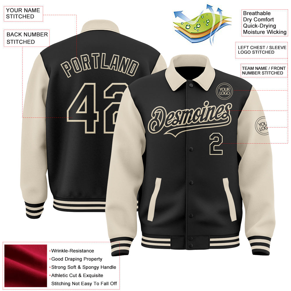 Custom Black Cream Bomber Full-Snap Varsity Letterman Two Tone Lapel Collar Byron Jacket view 3