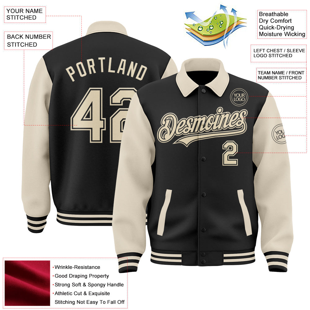 Custom Black Cream Bomber Full-Snap Varsity Letterman Two Tone Lapel Collar Byron Jacket view 3