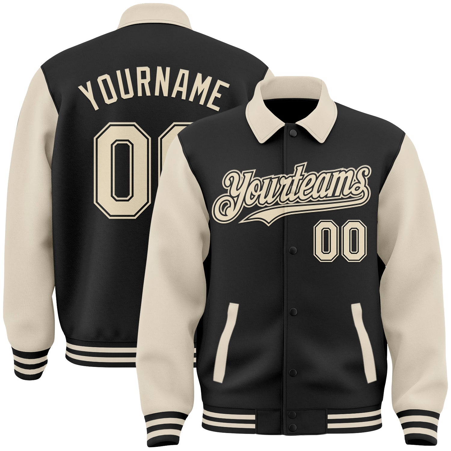 Custom Black Cream Bomber Full-Snap Varsity Letterman Two Tone Lapel Collar Byron Jacket - Main View