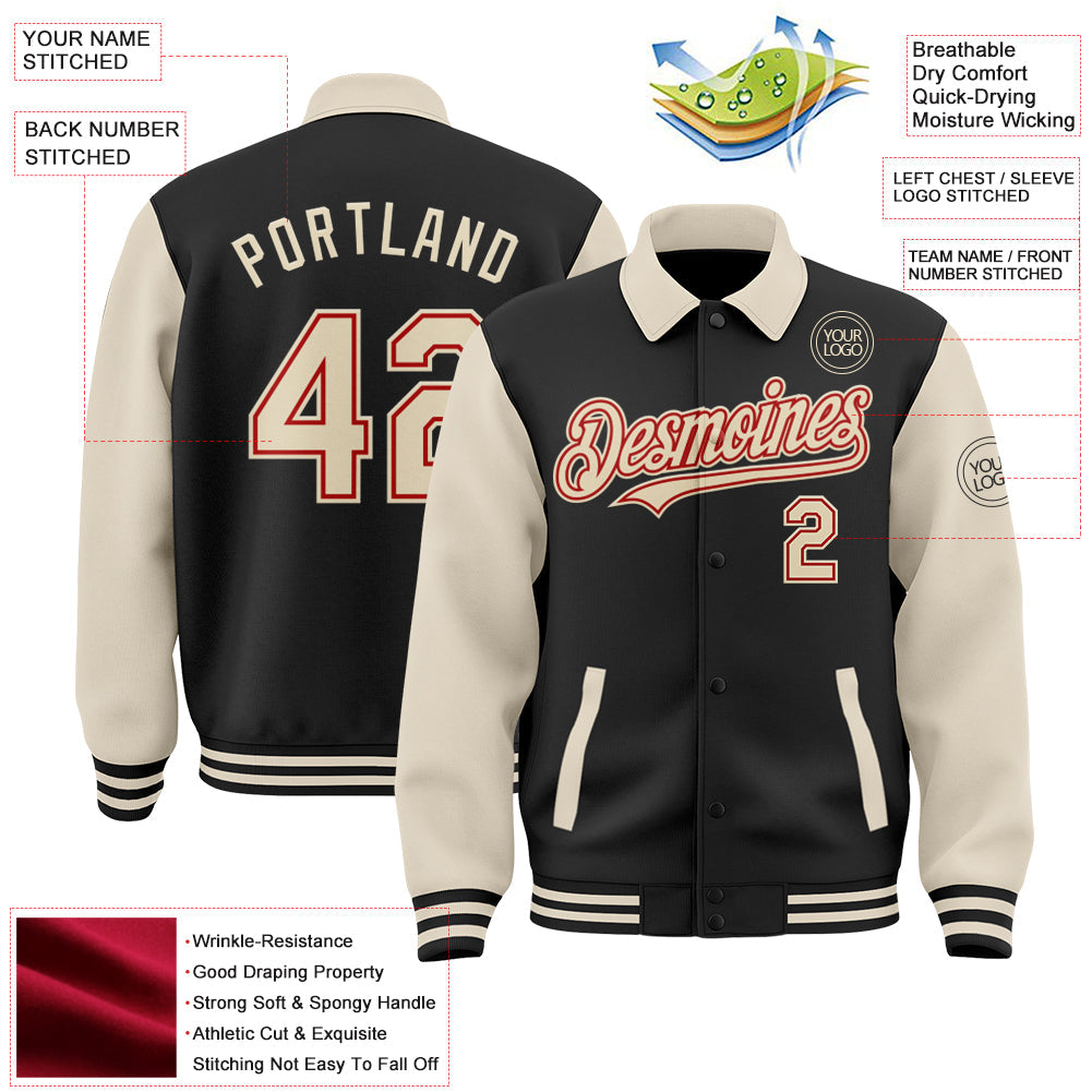 Custom Black Cream-Red Bomber Full-Snap Varsity Letterman Two Tone Lapel Collar Byron Jacket view 3