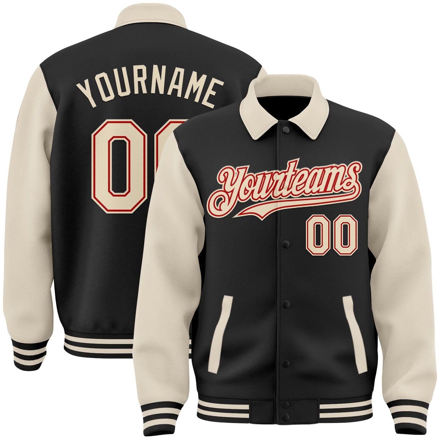 Custom Black Cream-Red Bomber Full-Snap Varsity Letterman Two Tone Lapel Collar Byron Jacket - Main View