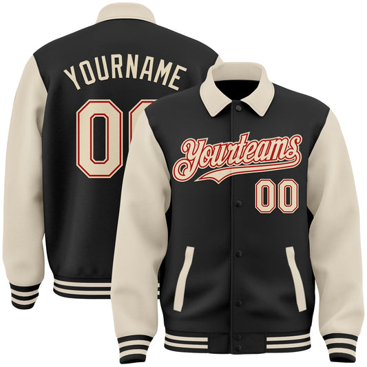 Custom Black Cream-Red Bomber Full-Snap Varsity Letterman Two Tone Lapel Collar Byron Jacket - Main View