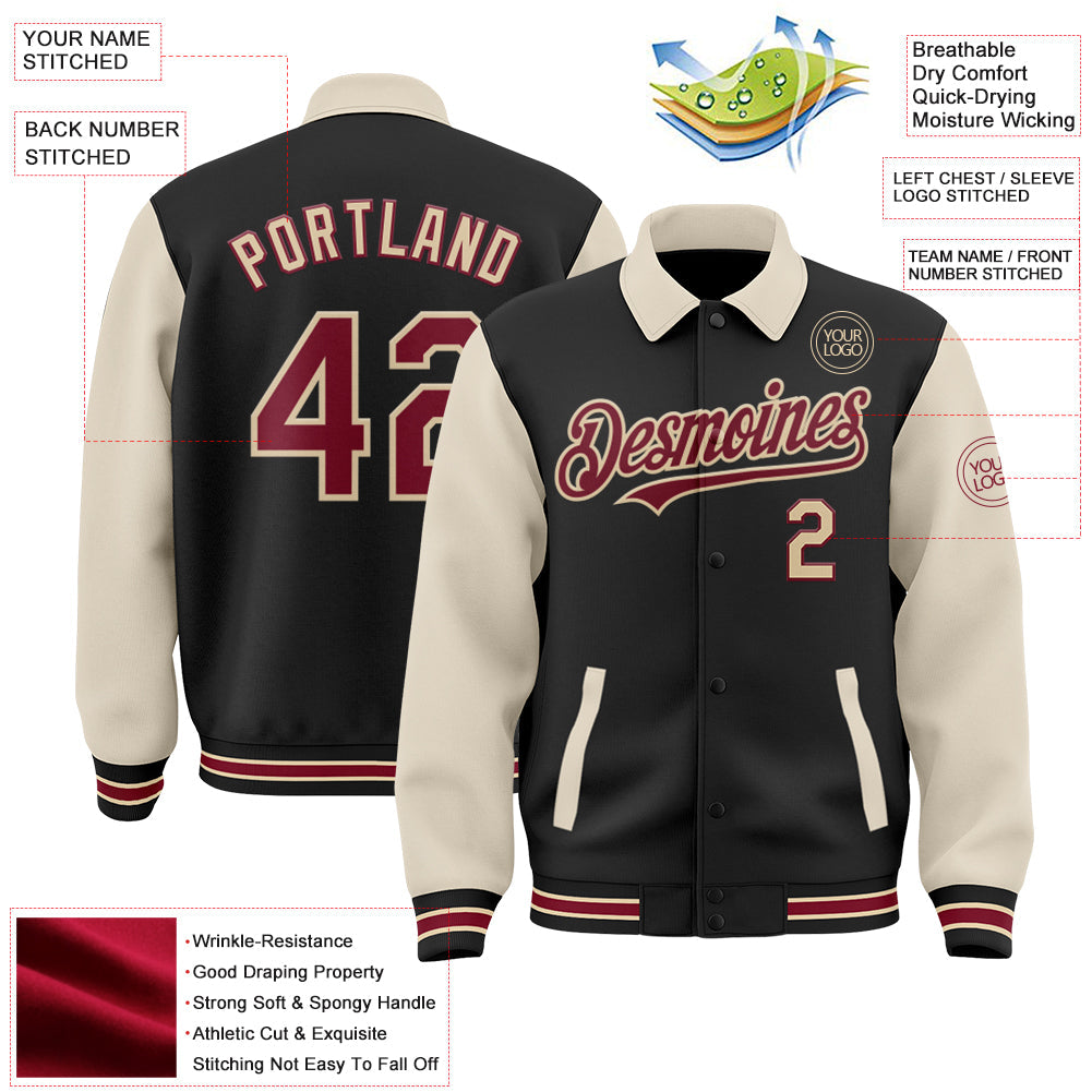 Custom Black Crimson Cream-City Cream Bomber Full-Snap Varsity Letterman Two Tone Lapel Collar Byron Jacket view 3