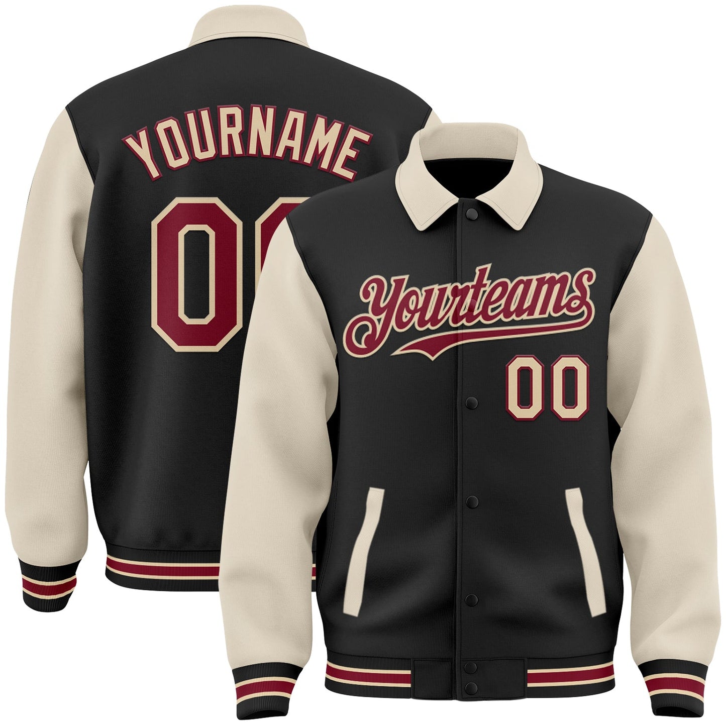 Custom Black Crimson Cream-City Cream Bomber Full-Snap Varsity Letterman Two Tone Lapel Collar Byron Jacket - Main View