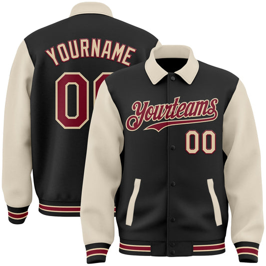 Custom Black Crimson Cream-City Cream Bomber Full-Snap Varsity Letterman Two Tone Lapel Collar Byron Jacket - Main View