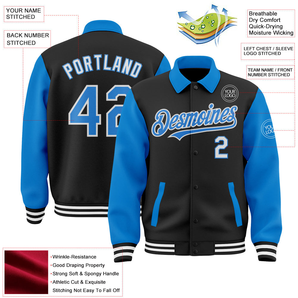 Custom Black Powder Blue-White Bomber Full-Snap Varsity Letterman Two Tone Lapel Collar Byron Jacket view 3