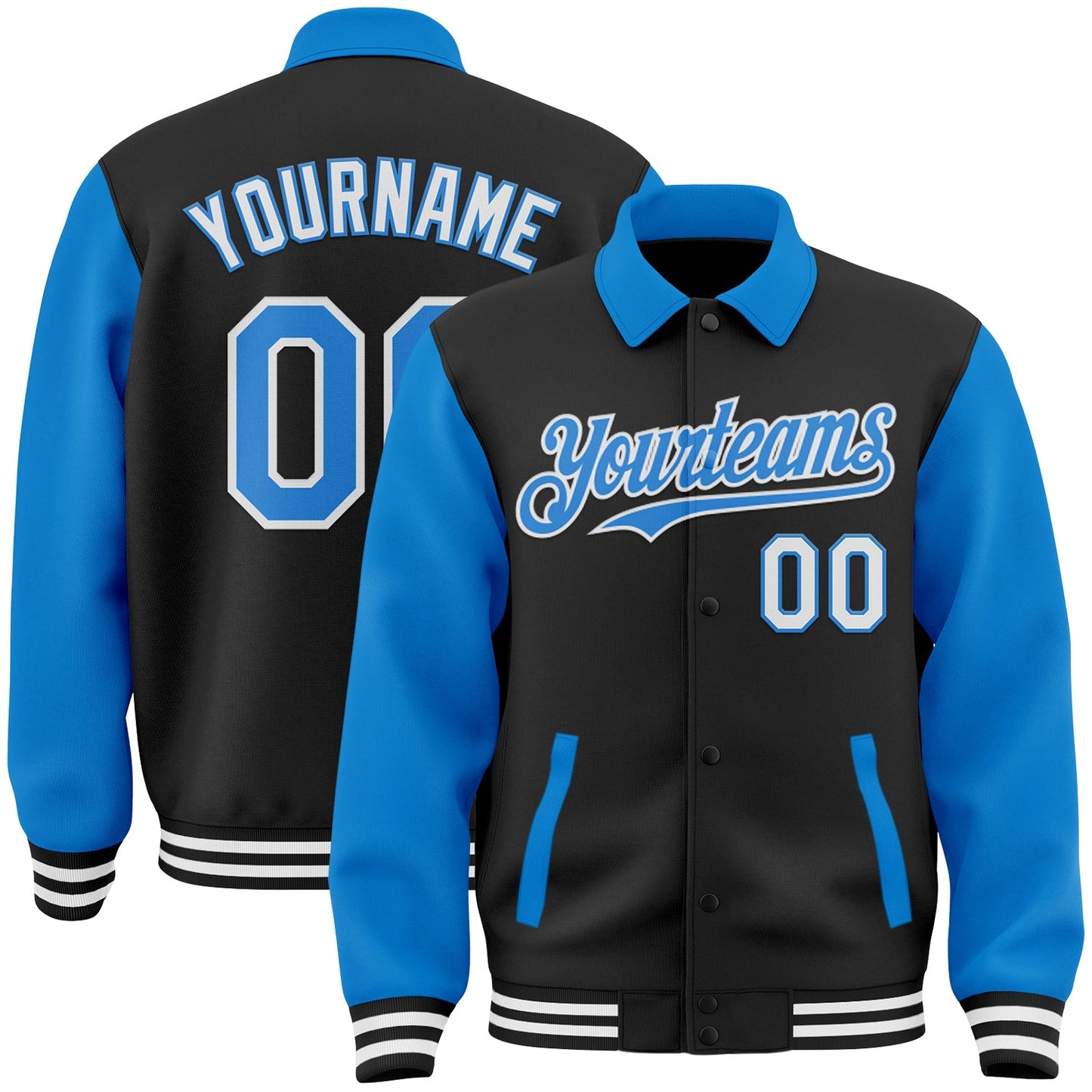 Custom Black Powder Blue-White Bomber Full-Snap Varsity Letterman Two Tone Lapel Collar Byron Jacket - Main View