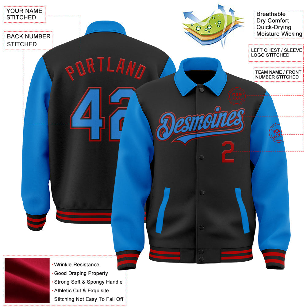 Custom Black Powder Blue-Red Bomber Full-Snap Varsity Letterman Two Tone Lapel Collar Byron Jacket view 3