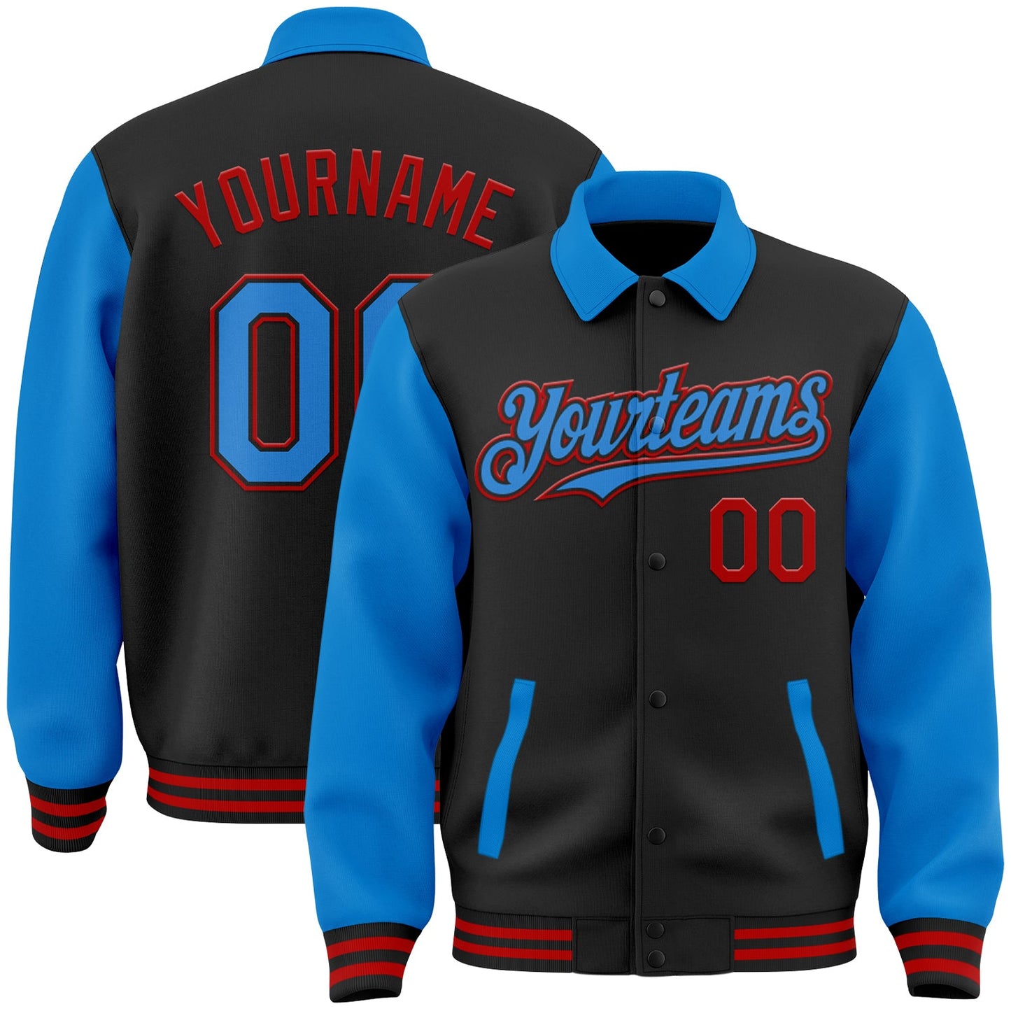 Custom Black Powder Blue-Red Bomber Full-Snap Varsity Letterman Two Tone Lapel Collar Byron Jacket - Main View