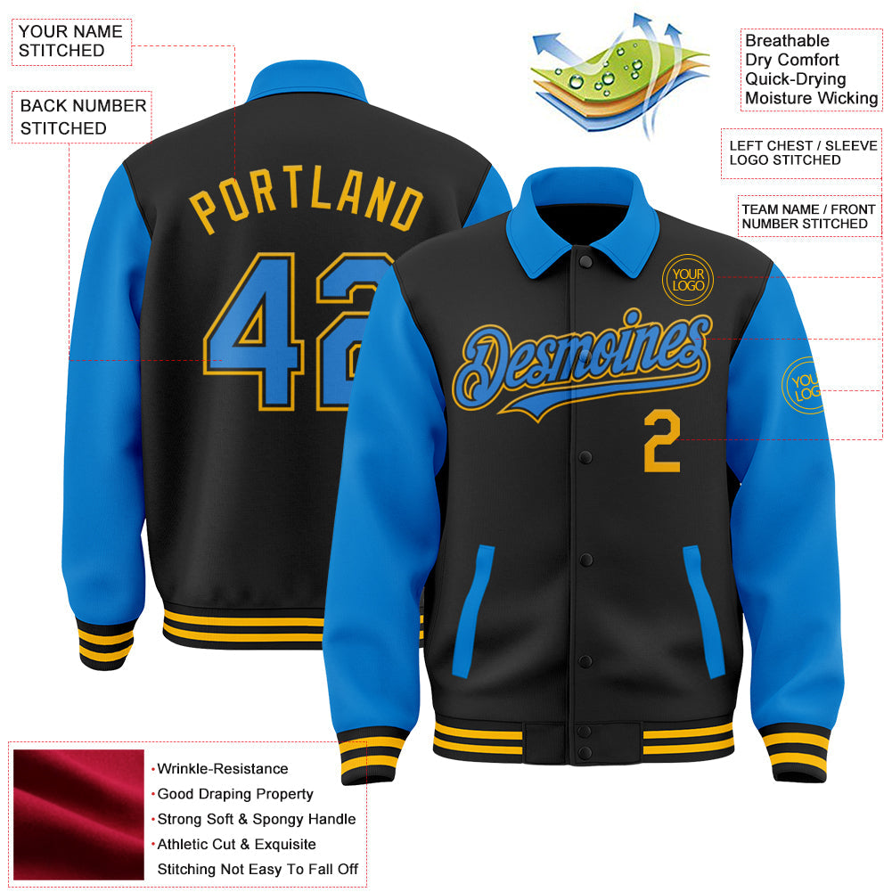 Custom Black Powder Blue-Gold Bomber Full-Snap Varsity Letterman Two Tone Lapel Collar Byron Jacket view 3