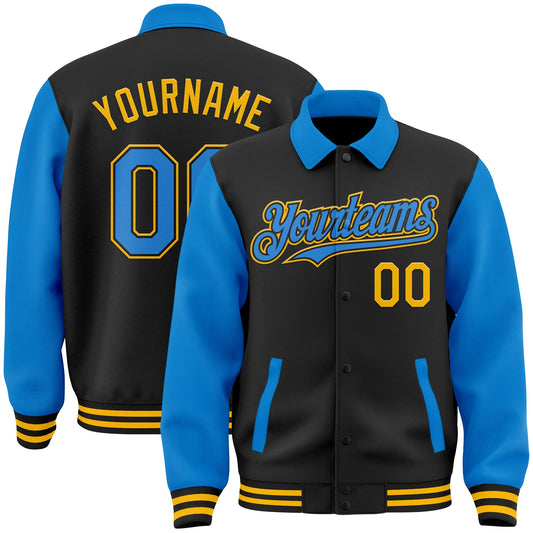 Custom Black Powder Blue-Gold Bomber Full-Snap Varsity Letterman Two Tone Lapel Collar Byron Jacket - Main View