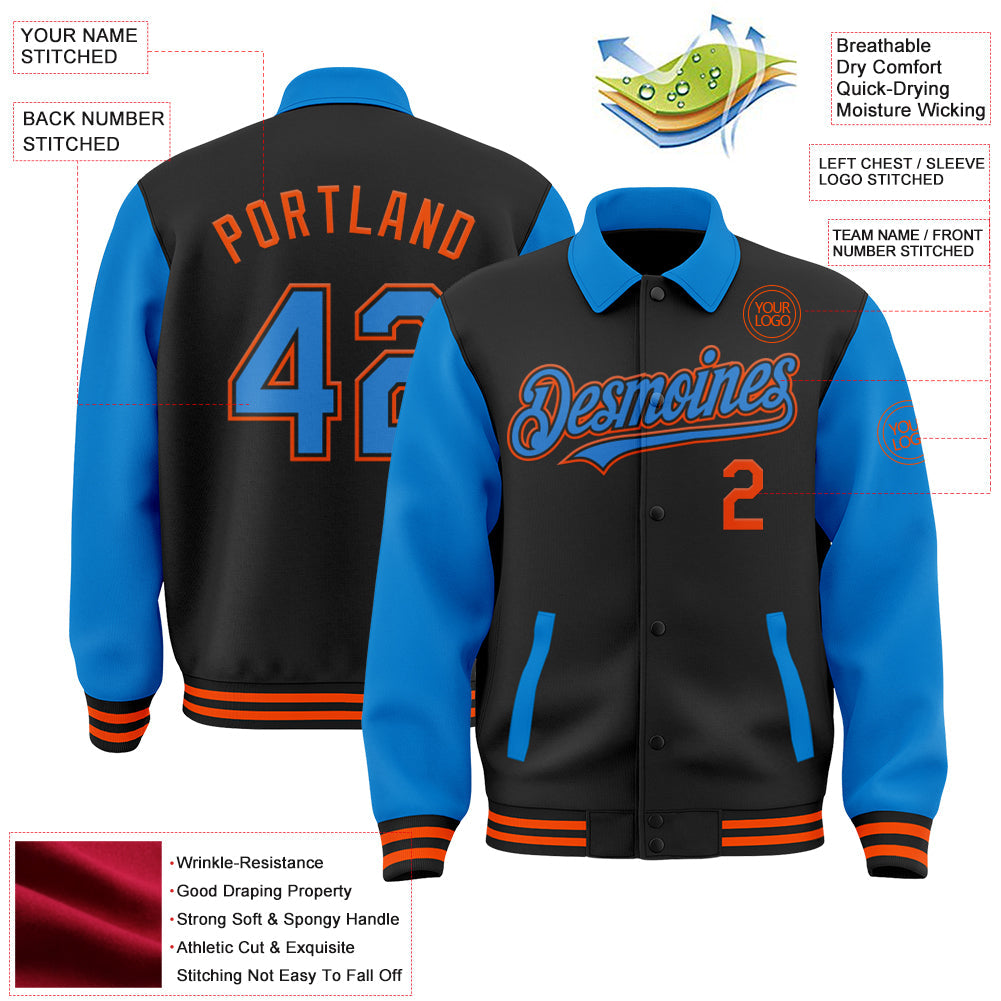 Custom Black Powder Blue-Orange Bomber Full-Snap Varsity Letterman Two Tone Lapel Collar Byron Jacket view 3