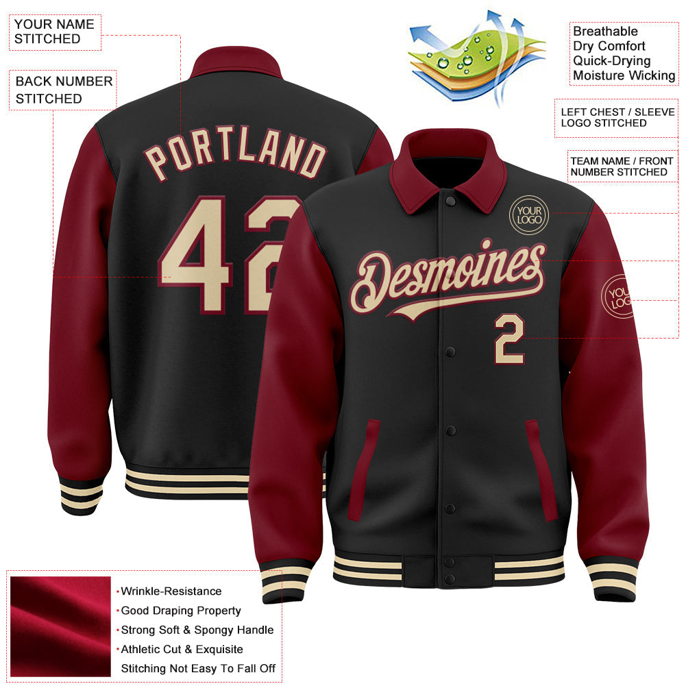 Custom Black Cream-Crimson Bomber Full-Snap Varsity Letterman Two Tone Lapel Collar Byron Jacket view 3