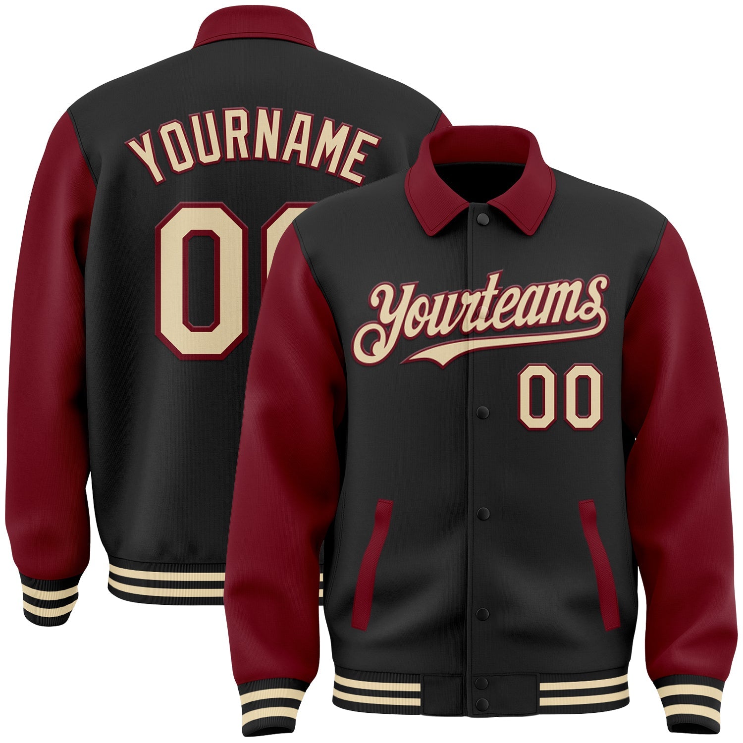 Custom Black Cream-Crimson Bomber Full-Snap Varsity Letterman Two Tone Lapel Collar Byron Jacket - Main View