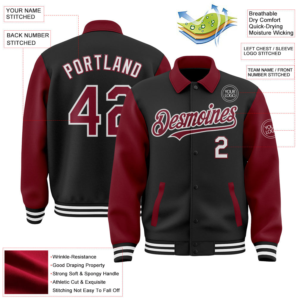 Custom Black Crimson-White Bomber Full-Snap Varsity Letterman Two Tone Lapel Collar Byron Jacket view 3