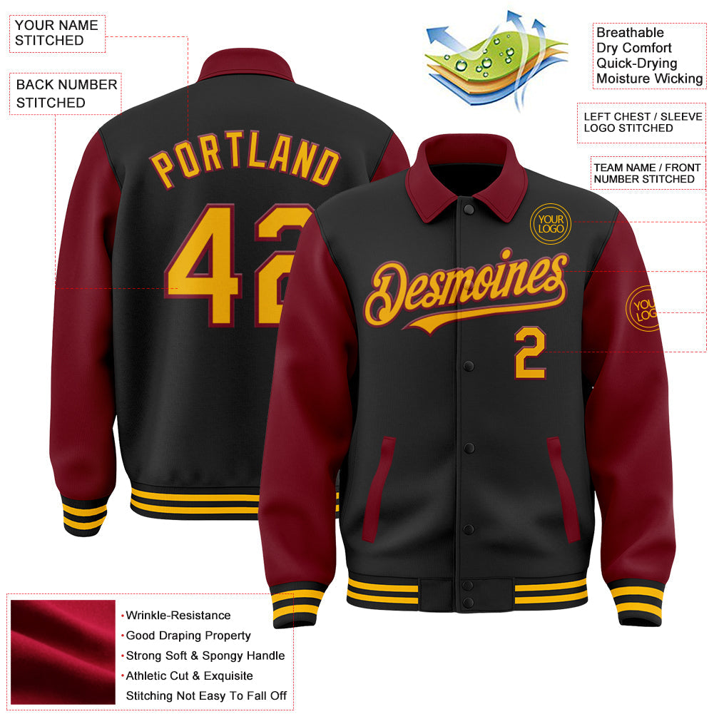 Custom Black Gold-Crimson Bomber Full-Snap Varsity Letterman Two Tone Lapel Collar Byron Jacket view 3