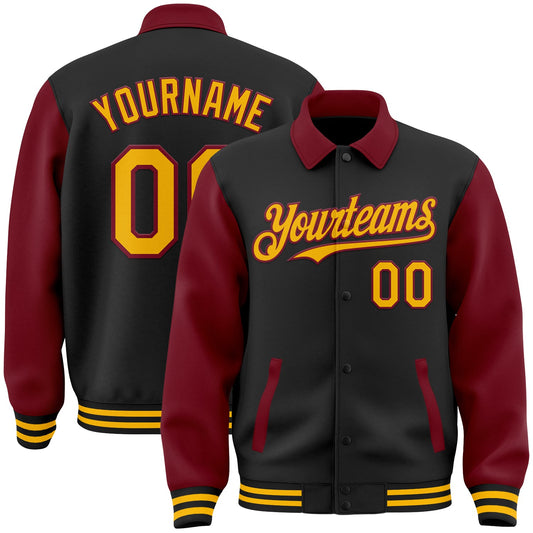 Custom Black Gold-Crimson Bomber Full-Snap Varsity Letterman Two Tone Lapel Collar Byron Jacket - Main View