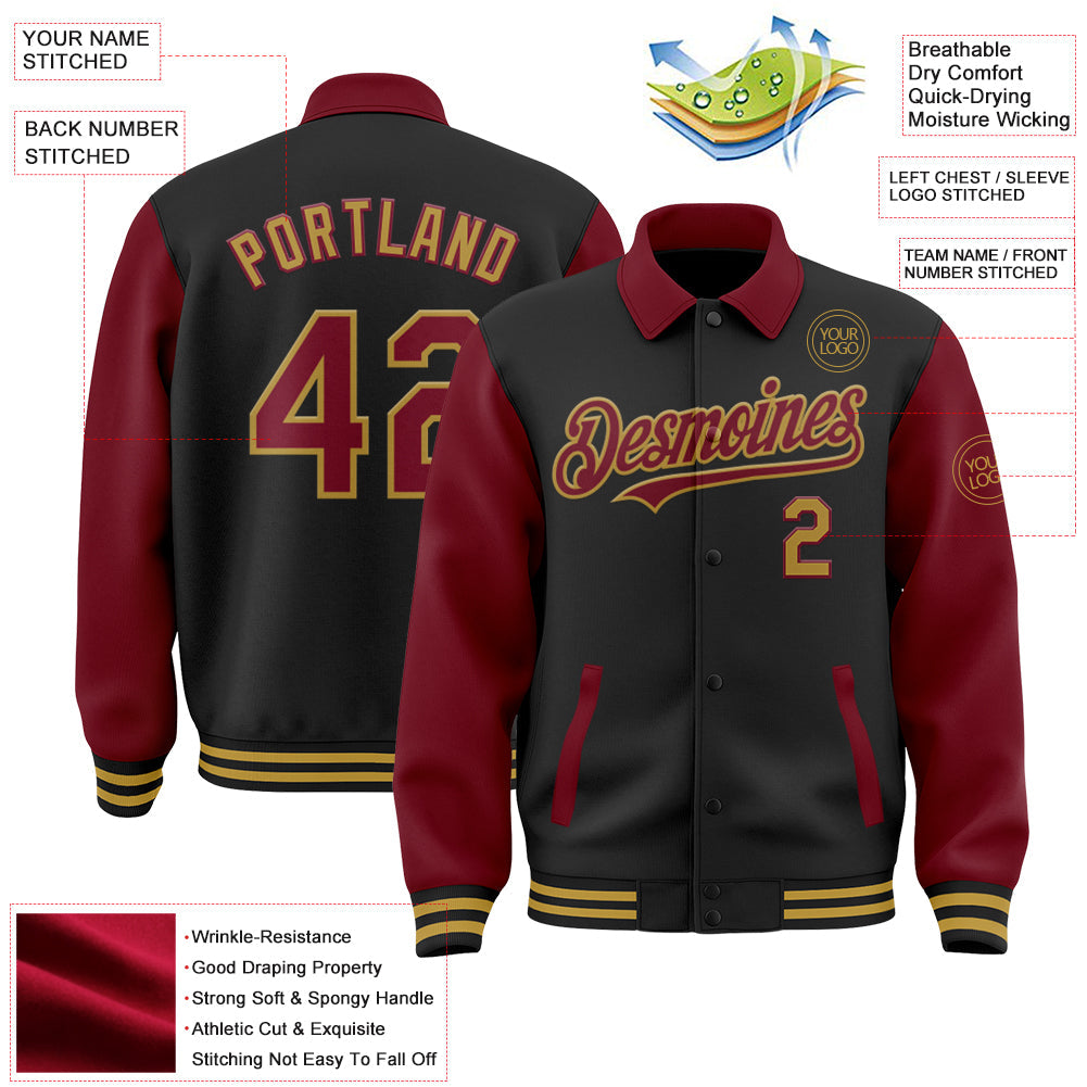 Custom Black Crimson-Old Gold Bomber Full-Snap Varsity Letterman Two Tone Lapel Collar Byron Jacket view 3