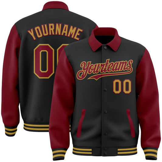 Custom Black Crimson-Old Gold Bomber Full-Snap Varsity Letterman Two Tone Lapel Collar Byron Jacket - Main View