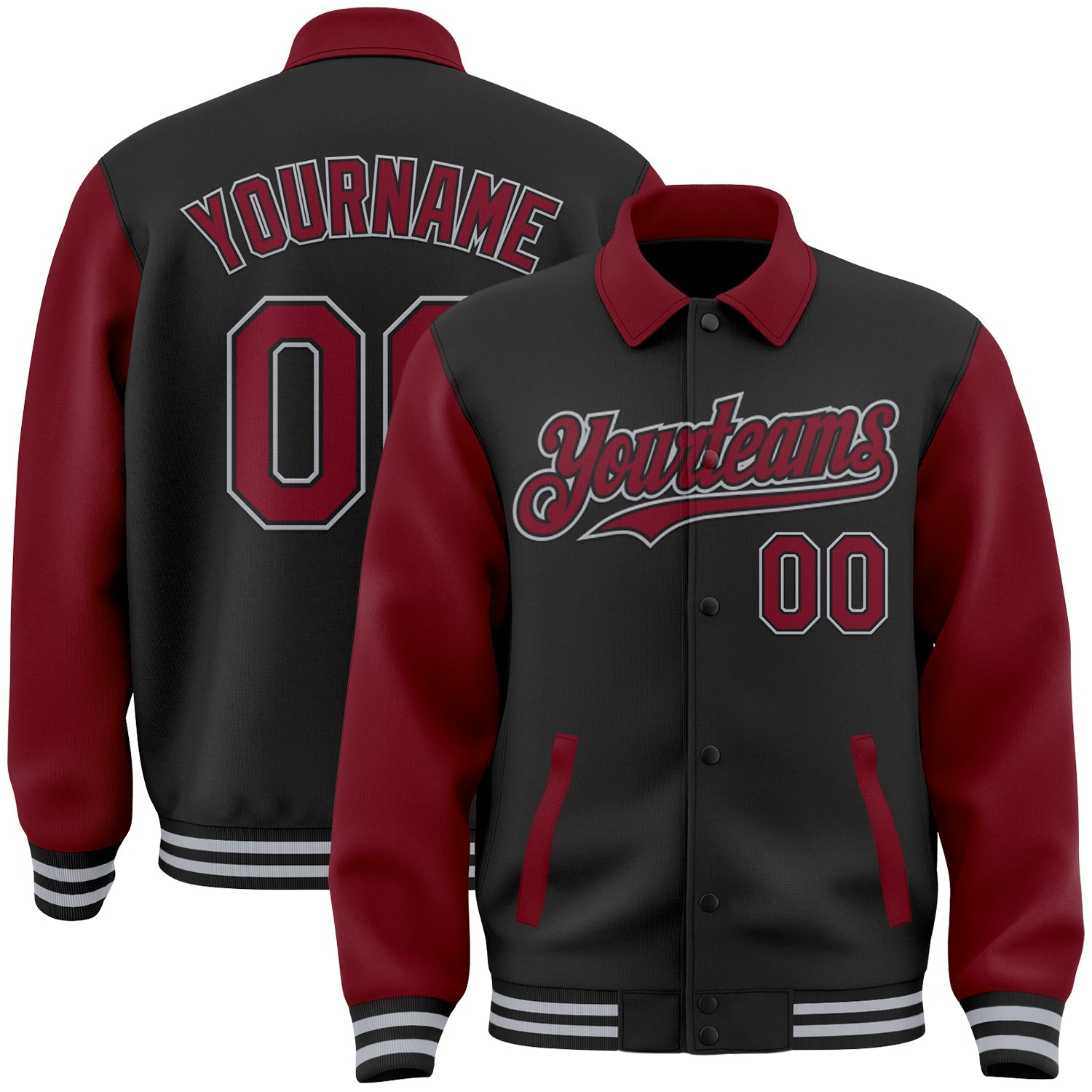 Custom Black Crimson-Gray Bomber Full-Snap Varsity Letterman Two Tone Lapel Collar Byron Jacket - Main View