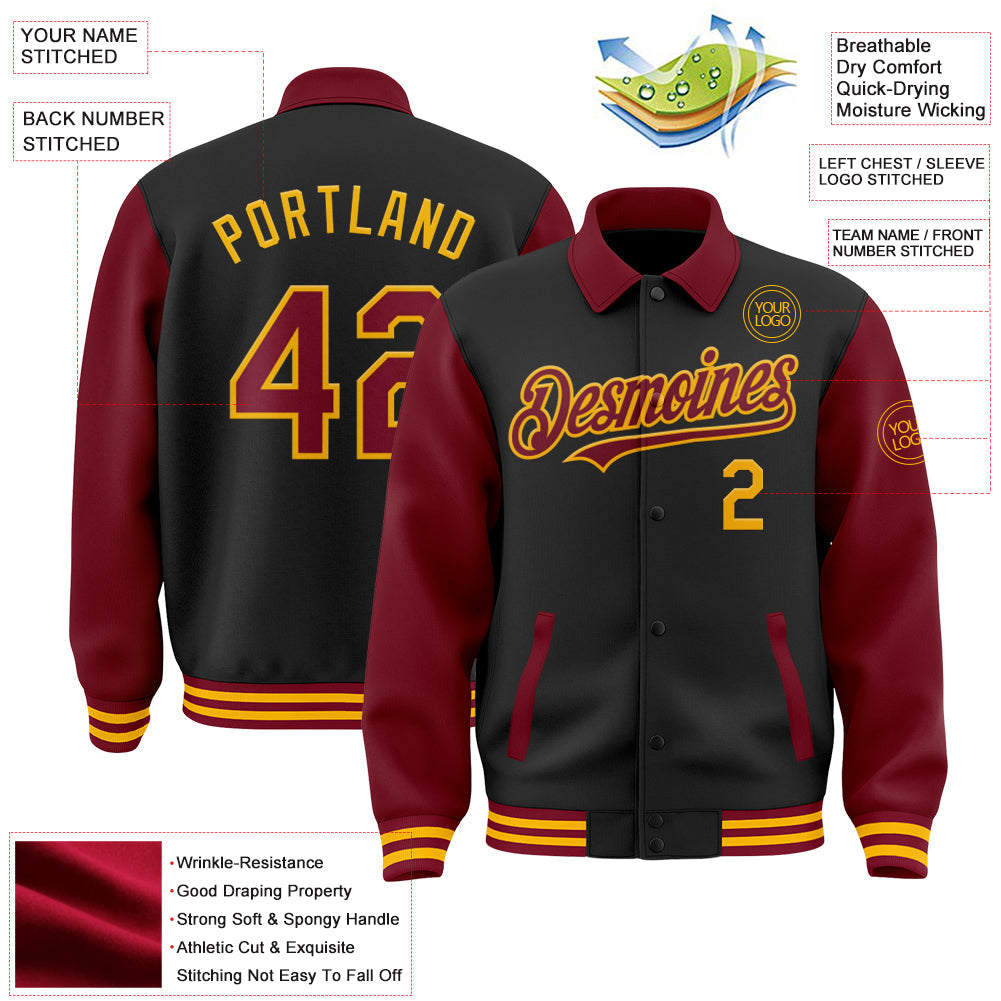 Custom Black Crimson-Gold Bomber Full-Snap Varsity Letterman Two Tone Lapel Collar Byron Jacket view 3