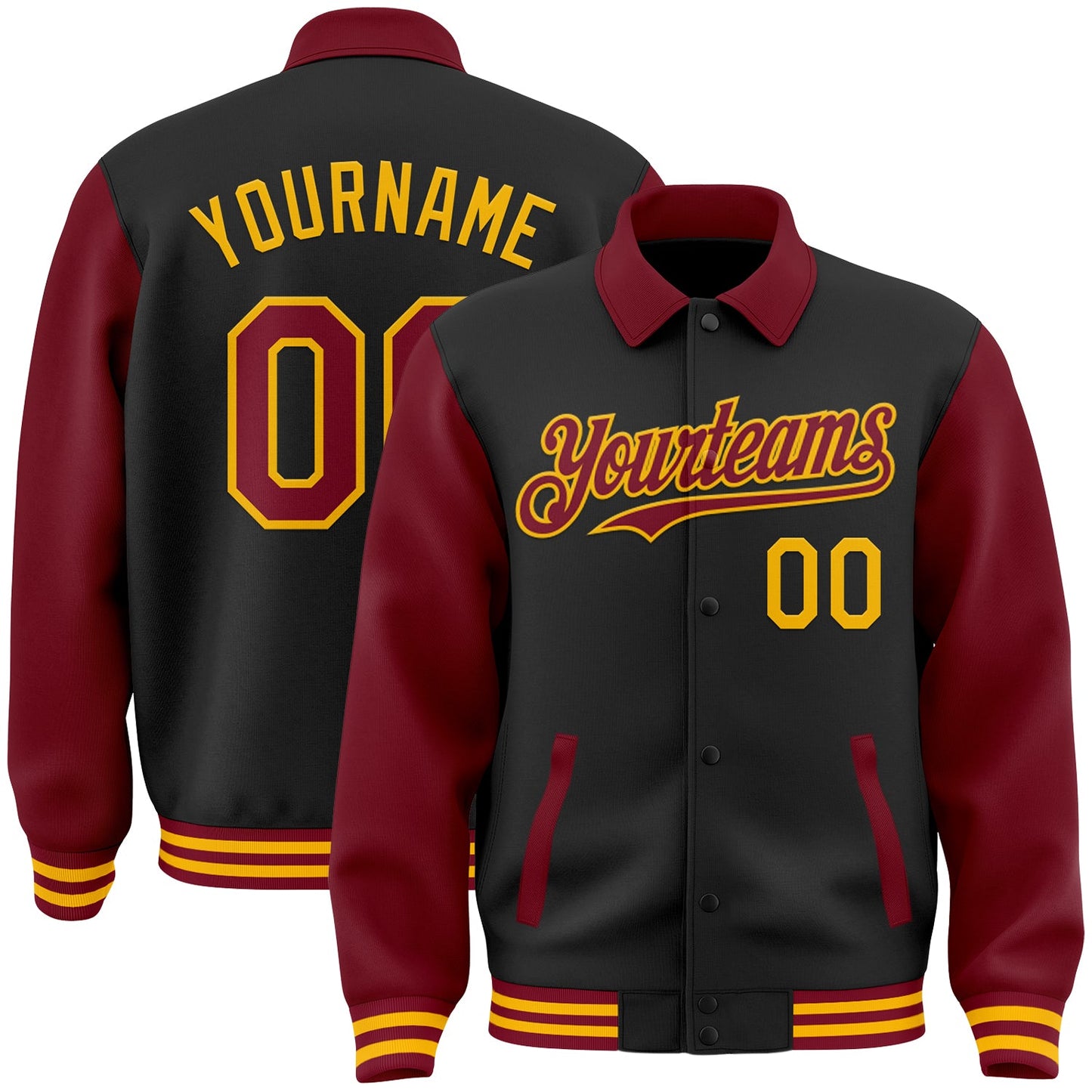 Custom Black Crimson-Gold Bomber Full-Snap Varsity Letterman Two Tone Lapel Collar Byron Jacket - Main View
