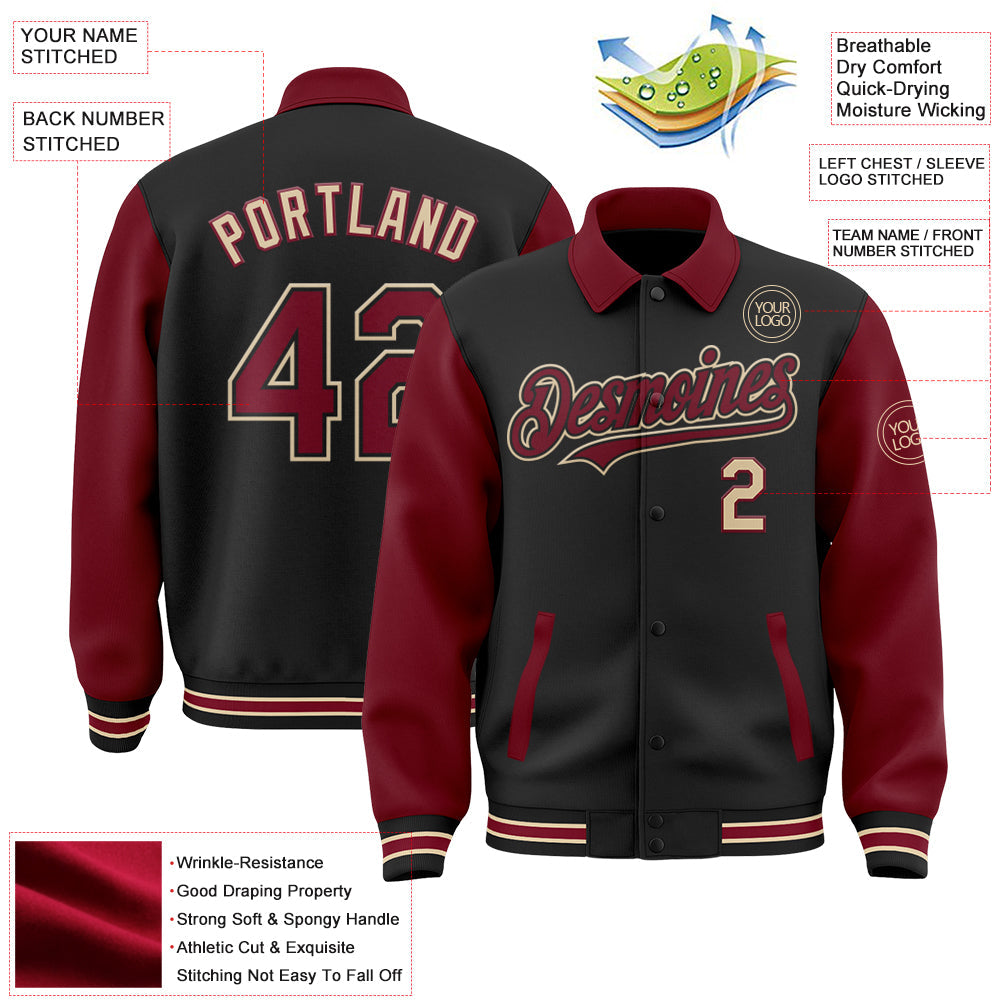 Custom Black Crimson-City Cream Bomber Full-Snap Varsity Letterman Two Tone Lapel Collar Byron Jacket view 3