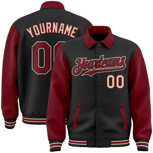 Custom Black Crimson-City Cream Bomber Full-Snap Varsity Letterman Two Tone Lapel Collar Byron Jacket - Main View