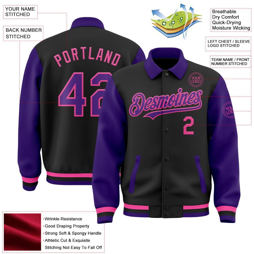 Custom Black Purple-Pink Bomber Full-Snap Varsity Letterman Two Tone Lapel Collar Byron Jacket view 3