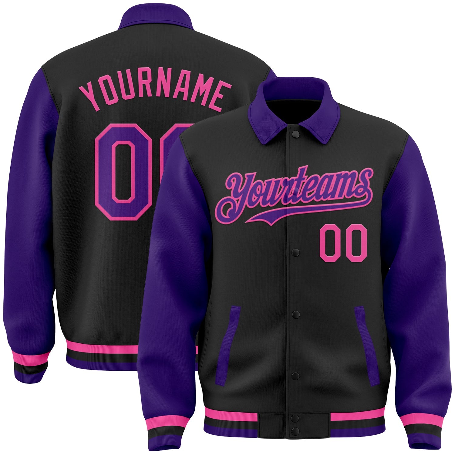 Custom Black Purple-Pink Bomber Full-Snap Varsity Letterman Two Tone Lapel Collar Byron Jacket - Main View