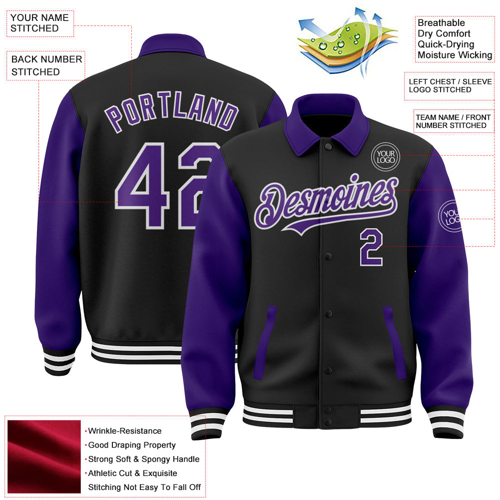 Custom Black Purple-White Bomber Full-Snap Varsity Letterman Two Tone Lapel Collar Byron Jacket view 3