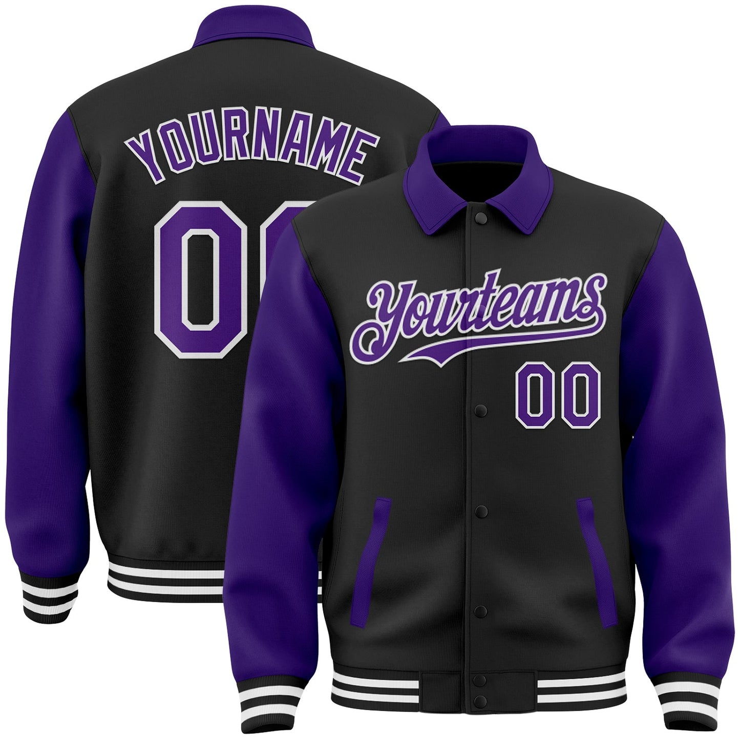 Custom Black Purple-White Bomber Full-Snap Varsity Letterman Two Tone Lapel Collar Byron Jacket - Main View