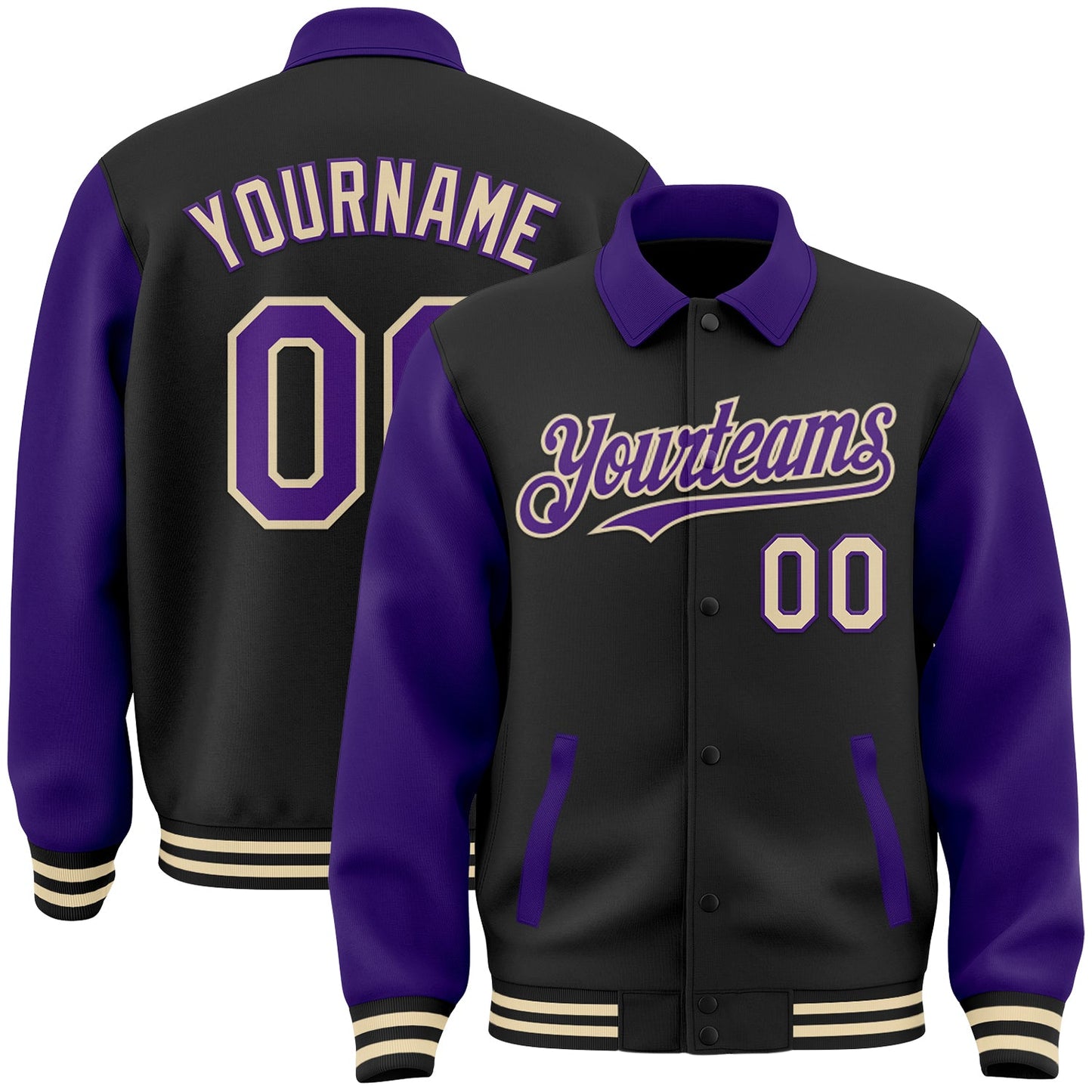 Custom Black Purple-Cream Bomber Full-Snap Varsity Letterman Two Tone Lapel Collar Byron Jacket - Main View
