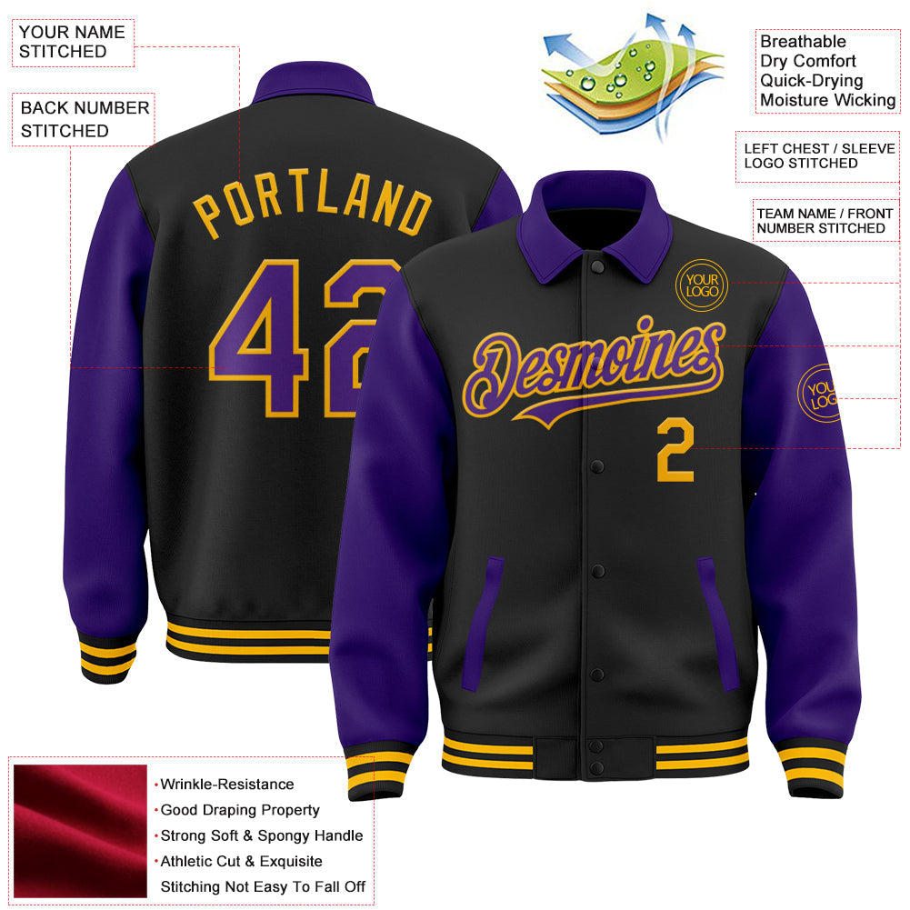 Custom Black Purple-Gold Bomber Full-Snap Varsity Letterman Two Tone Lapel Collar Byron Jacket view 3