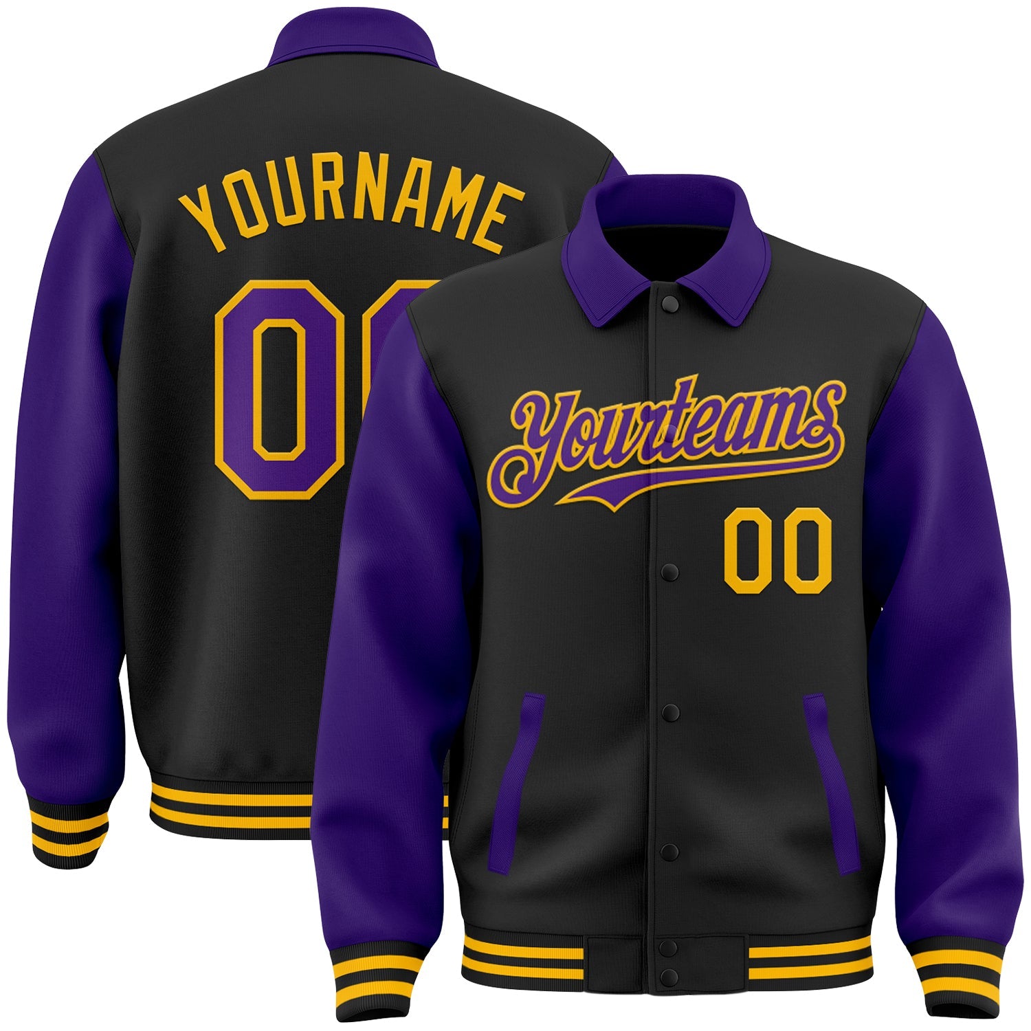 Custom Black Purple-Gold Bomber Full-Snap Varsity Letterman Two Tone Lapel Collar Byron Jacket - Main View