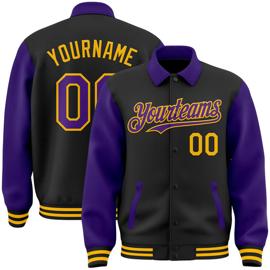 Custom Black Purple-Gold Bomber Full-Snap Varsity Letterman Two Tone Lapel Collar Byron Jacket - Main View