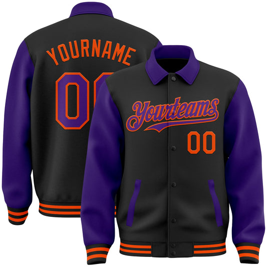 Custom Black Purple-Orange Bomber Full-Snap Varsity Letterman Two Tone Lapel Collar Byron Jacket - Main View