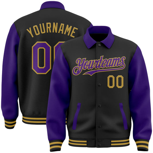 Custom Black Purple-Old Gold Bomber Full-Snap Varsity Letterman Two Tone Lapel Collar Byron Jacket - Main View