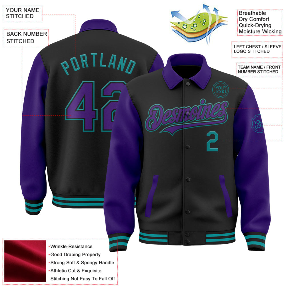 Custom Black Purple-Teal Bomber Full-Snap Varsity Letterman Two Tone Lapel Collar Byron Jacket view 3